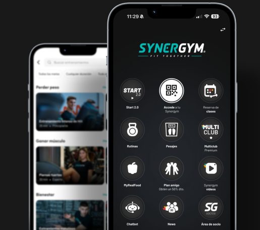 Pantalla de móvil mostrando la interfaz de la aplicación SynerGym.