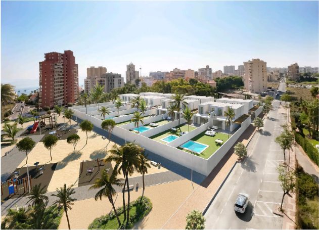 Venta de solar donde NEXUS Promotores construirán 16 Chalets de lujo Vistas aéreas de casas modernas con piscina