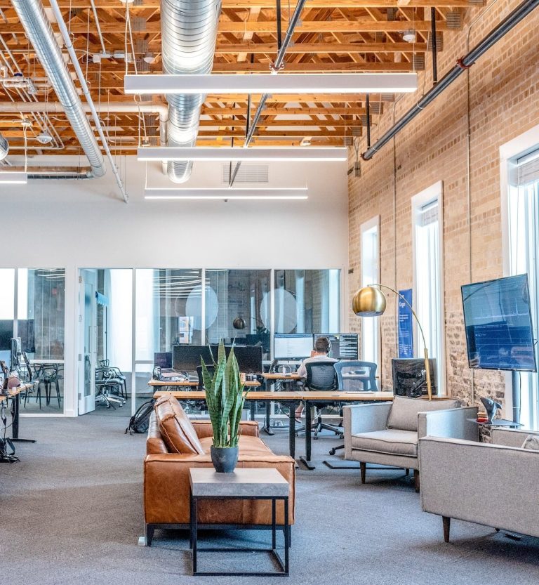 Oficina moderna con muebles cómodos, plantas y espacio de trabajo abierto.